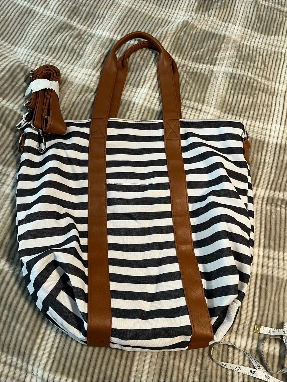 Kindred Bravely Black & White Striped Tote with Brown Accents